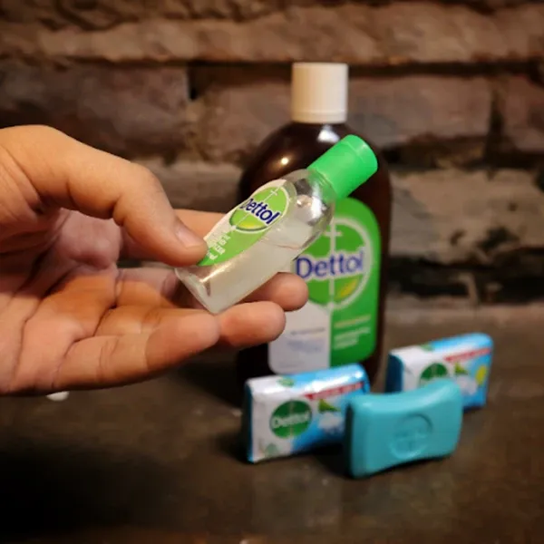 various Dettol products at the display, such as sanitizer, soap, and antiseptic liquid